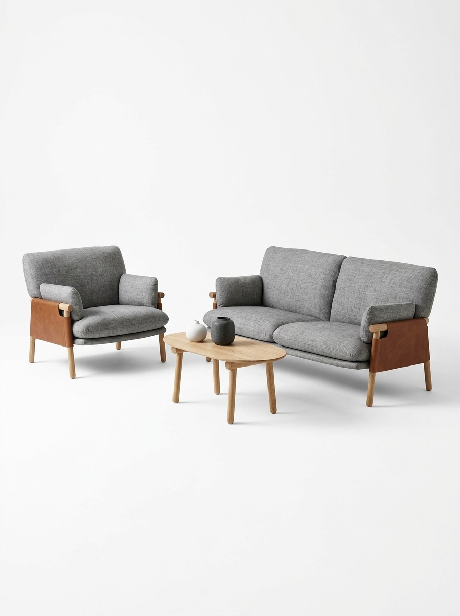 338. Sketchup model sofa đôi, ghế đơn bọc nỉ và bàn trà gỗ sồi