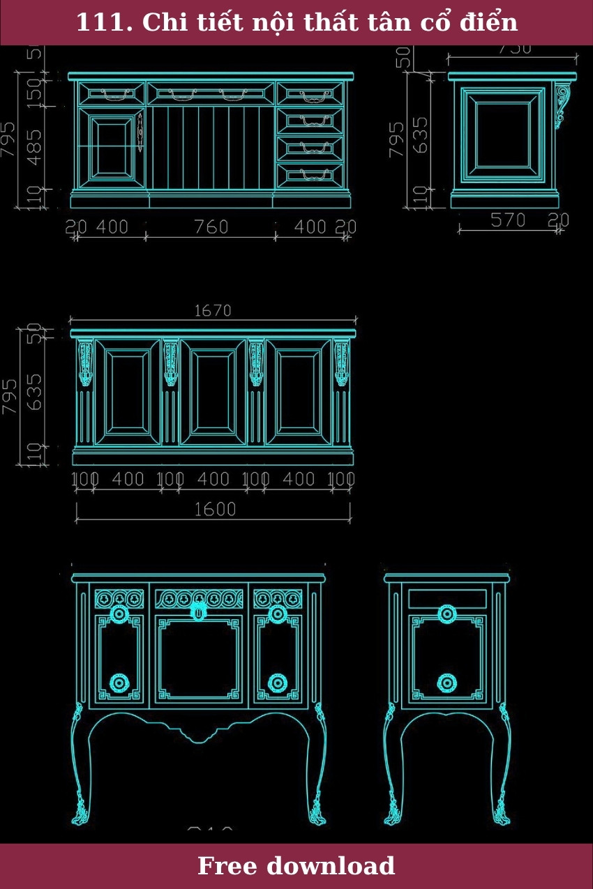 111. Bản vẽ chi tiết nội thất đồ gỗ tân cổ điển