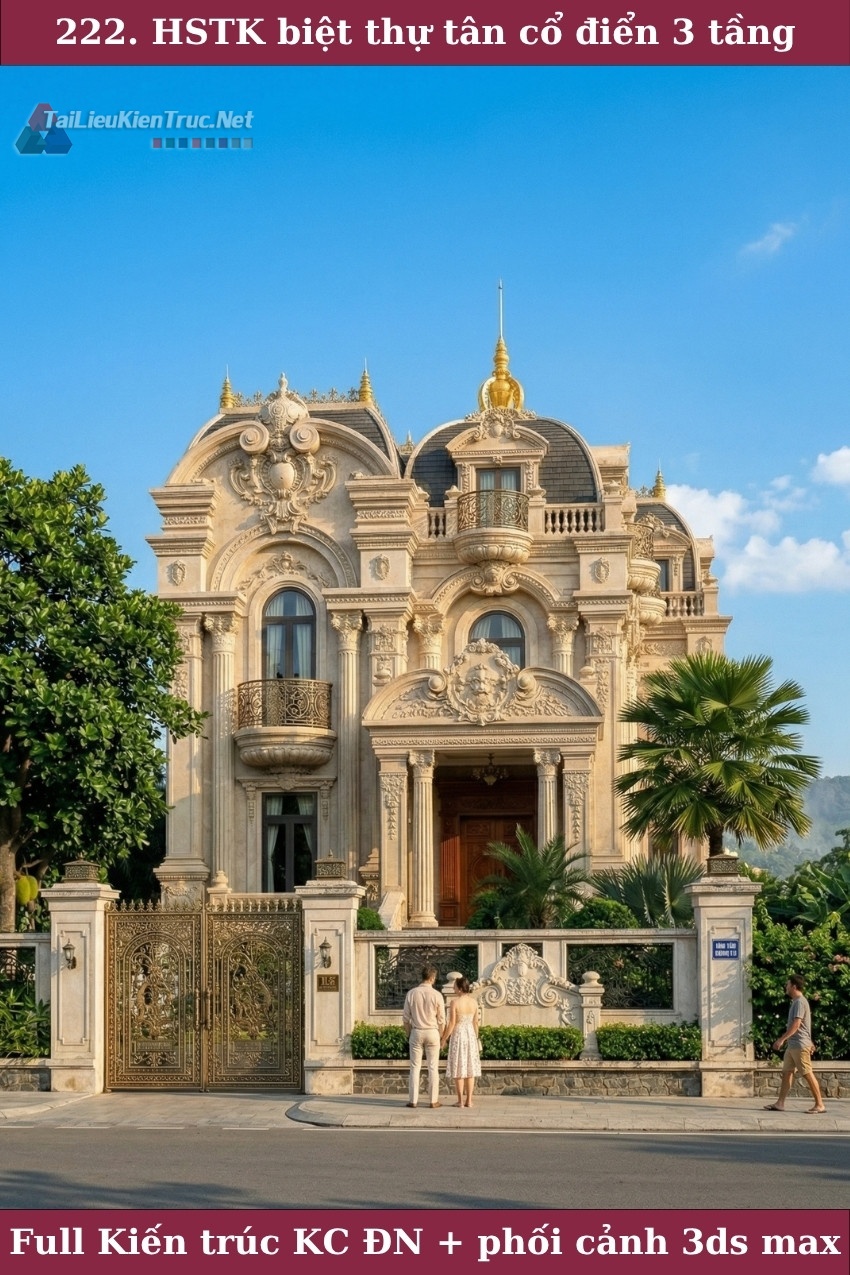 Hồ sơ thiết kế Biệt thự lâu đài 3 Tầng Tân cổ điển diện tích 10x22m - 0222 Full cad và 3dsmax