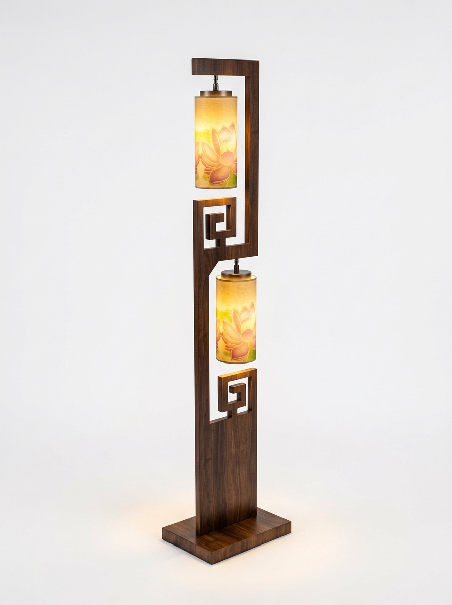 1. Model Sketchup Đèn Sàn Gỗ Hiện Đại Họa Tiết Triện CNC