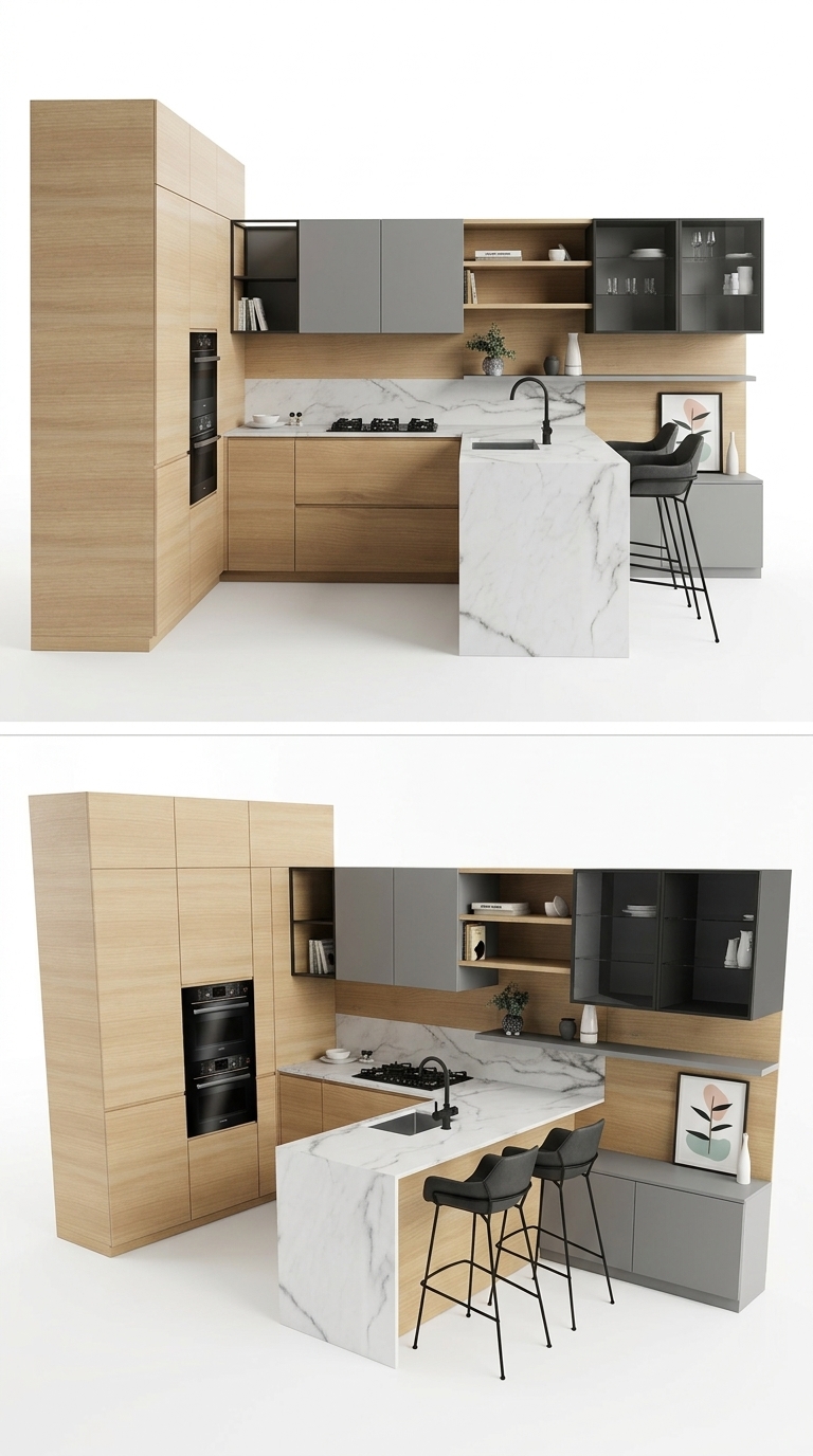 16. Tải Model Sketchup bếp chữ L hiện đại