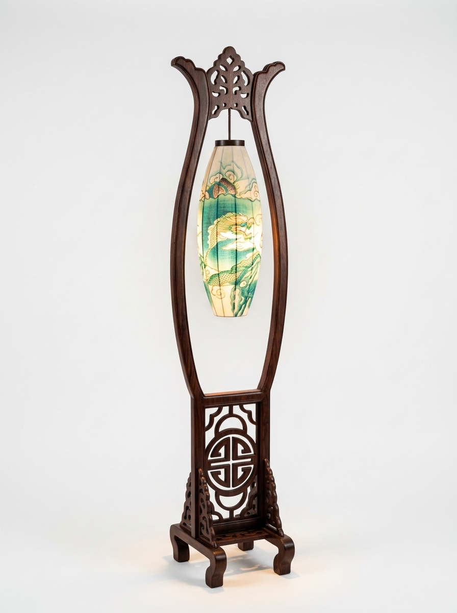 9. Model Sketchup Đèn Cây Khung Gỗ Elip Họa Tiết Cá Chép