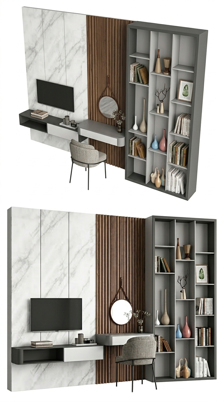 8. Chia sẻ Model SketchUp hệ tủ kệ tivi tích hợp bàn trang điểm và giá sách kịch trần