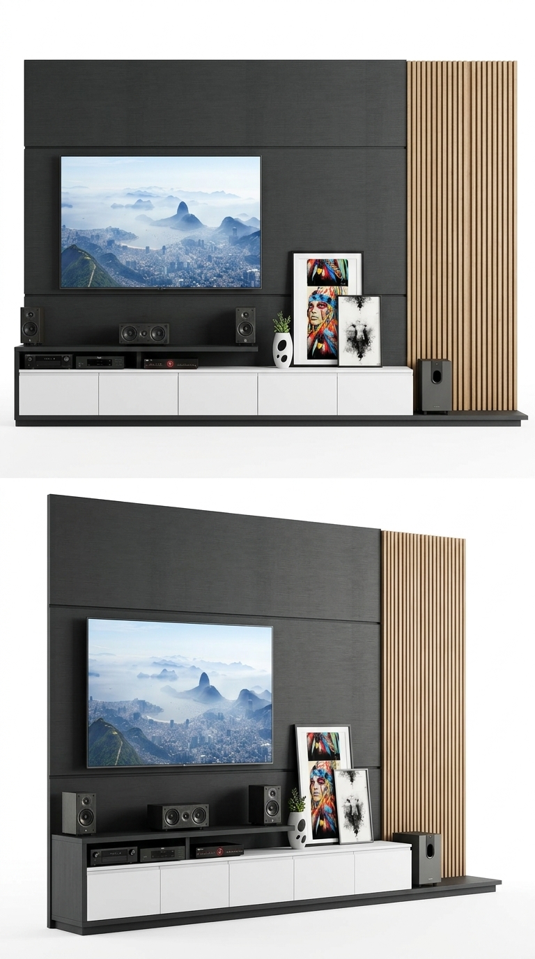 11. Model SketchUp kệ tivi hiện đại phối vách lam gỗ và cánh tủ trắng (Tải miễn phí)