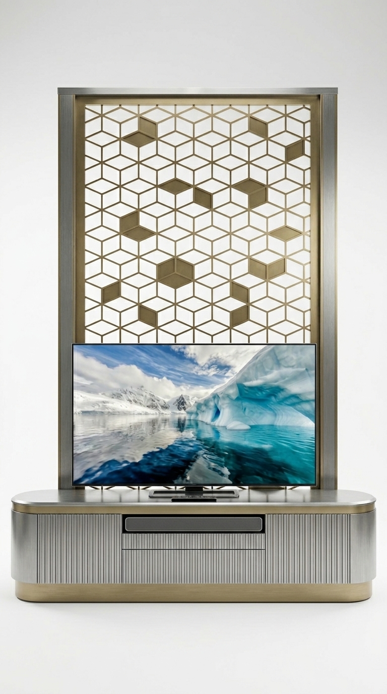 12. Model SketchUp kệ tivi phong cách Luxury với vách ngăn CNC họa tiết hình học (Tải miễn phí)