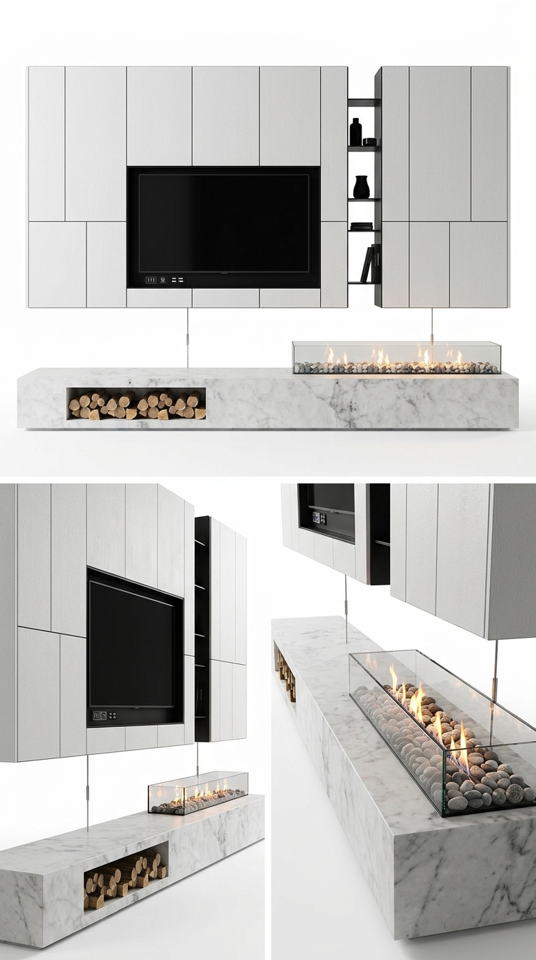 14. Model SketchUp kệ tivi Minimalist cao cấp tích hợp lò sưởi và vách đá khối (Tải miễn phí)