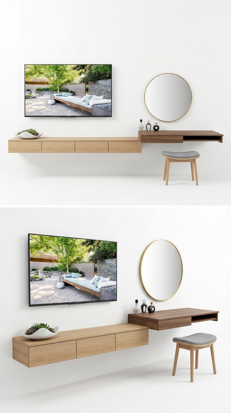 15. Model SketchUp kệ tivi treo tường kết hợp bàn trang điểm gỗ tối giản (Tải miễn phí)