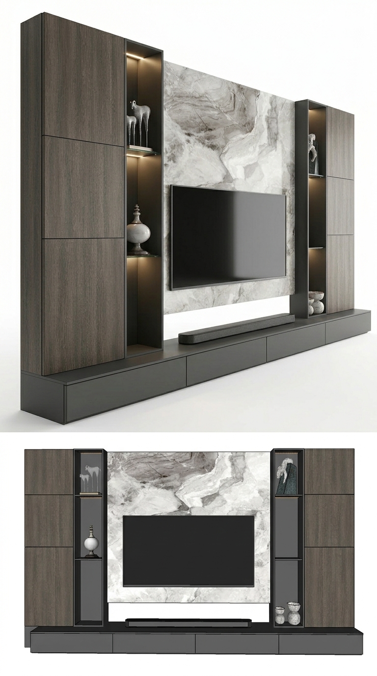17. Download Model SketchUp hệ tủ tivi âm tường hiện đại với vách đá sang trọng