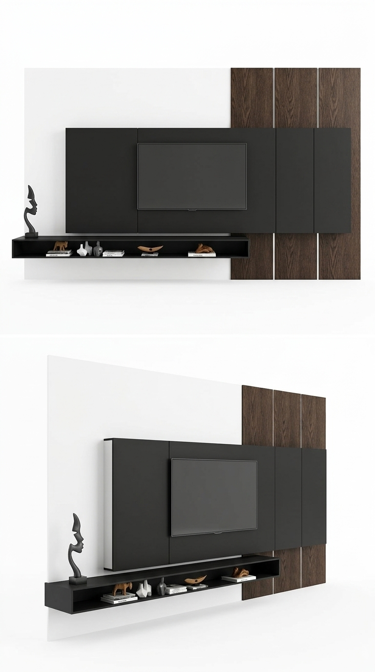 18. Model SketchUp kệ tivi treo tường Minimalist Sự kết hợp hoàn hảo giữa tone đen lì và gỗ