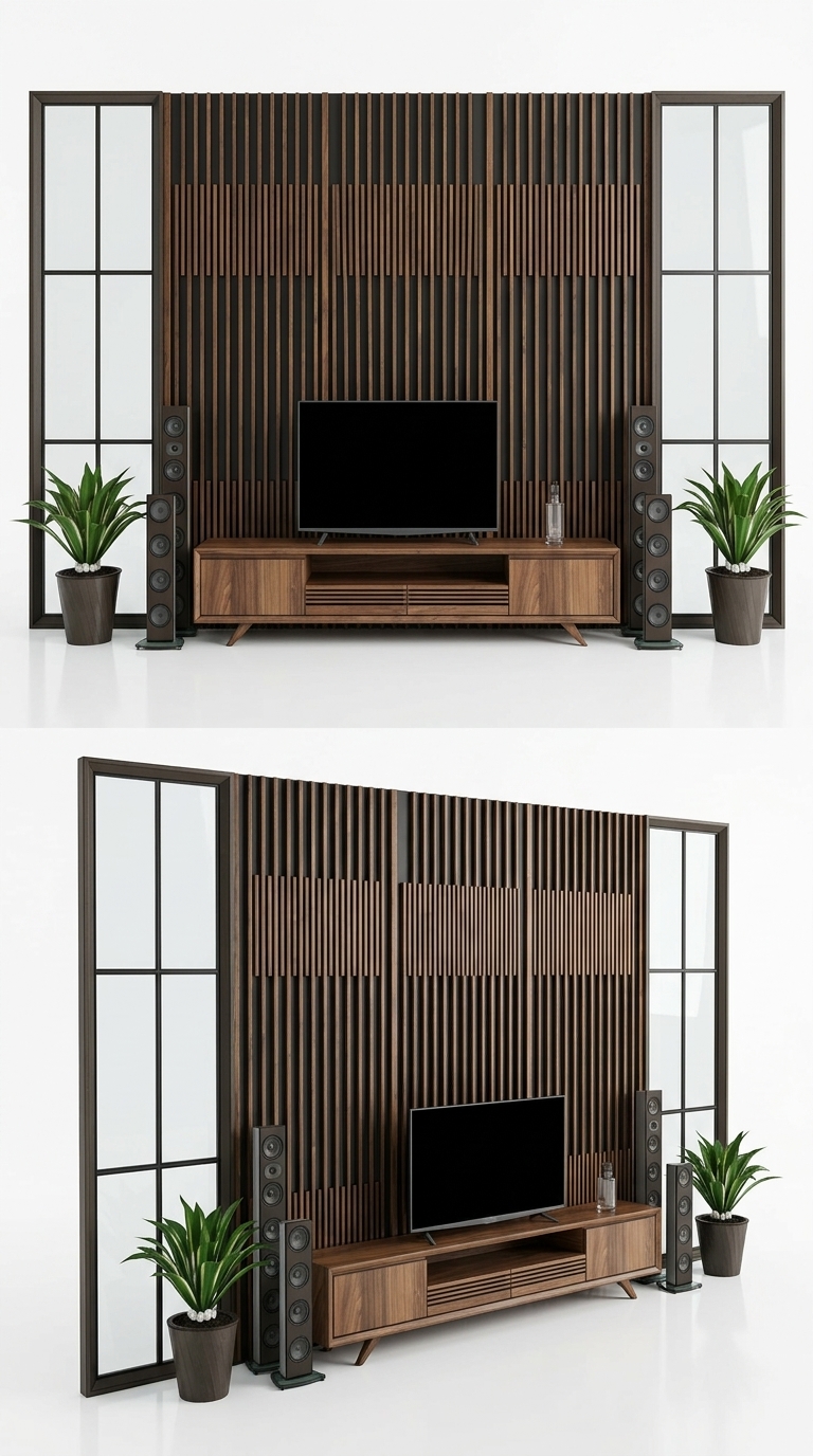 19. Thư viện SketchUp kệ tivi phong cách Indochine hiện đại với hệ nan gỗ Walnut cao cấp