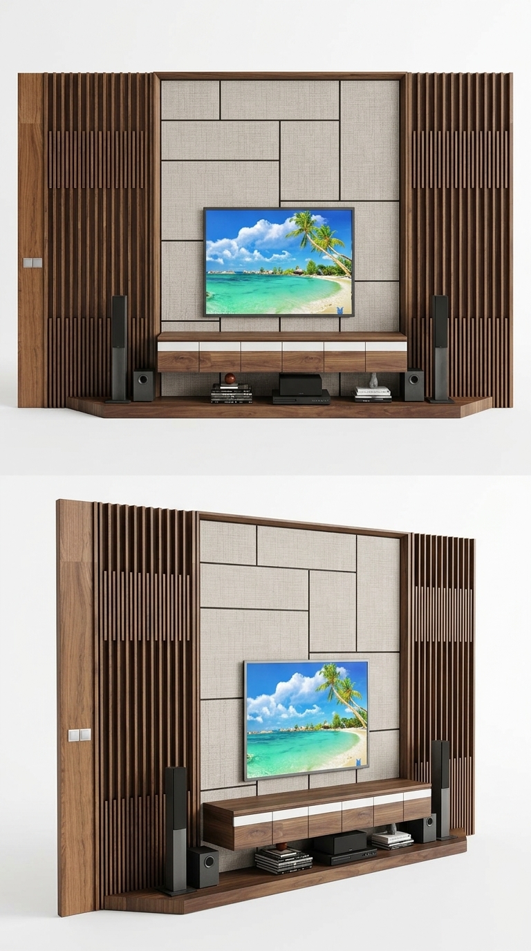 21. Download Model SketchUp vách tivi bọc nỉ chia ô kết hợp nan gỗ phong cách Japandi