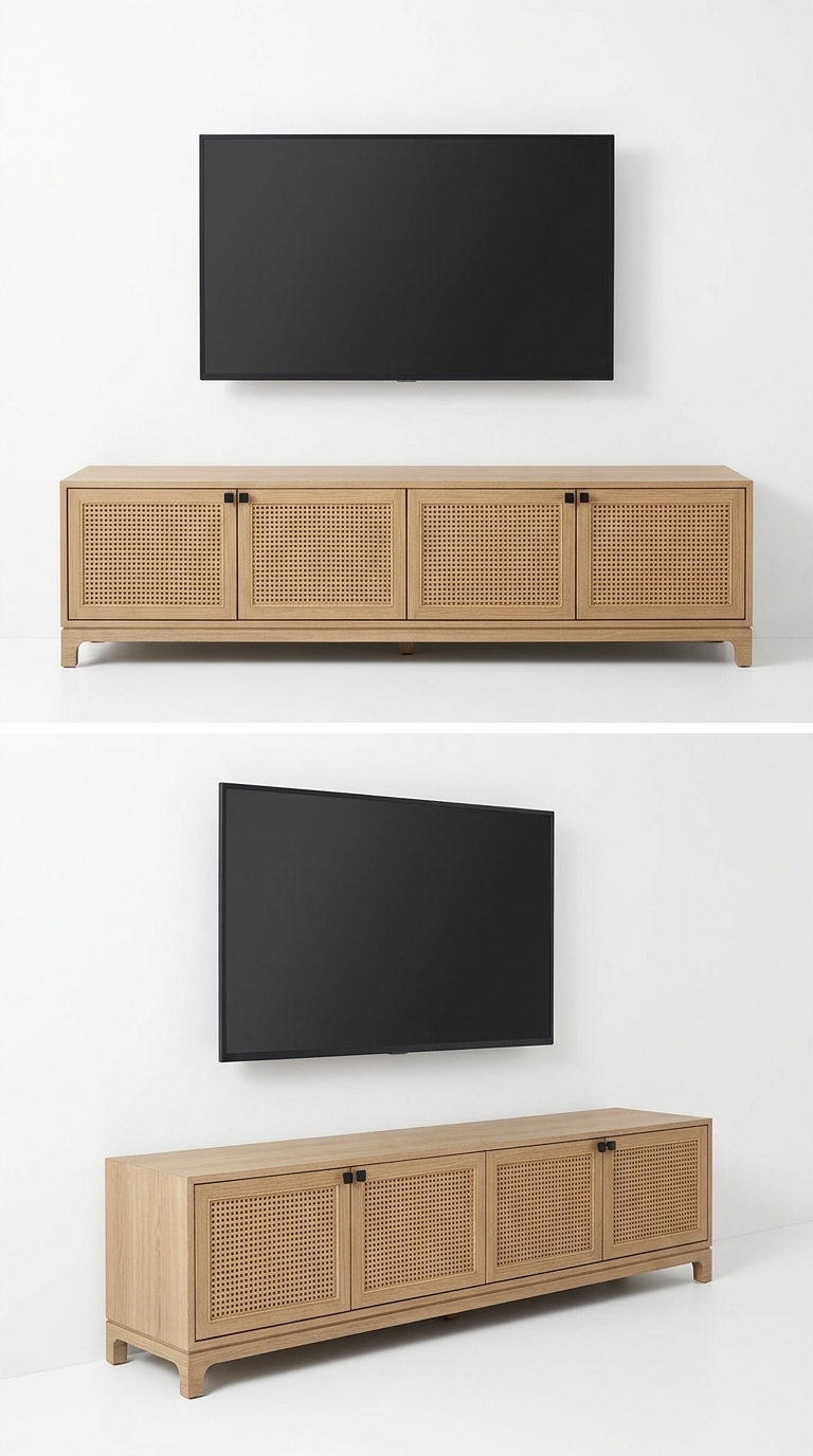 24. Model SketchUp kệ tivi gỗ sồi (Oak) phối lưới mây mắt cáo phong cách Scandinavian