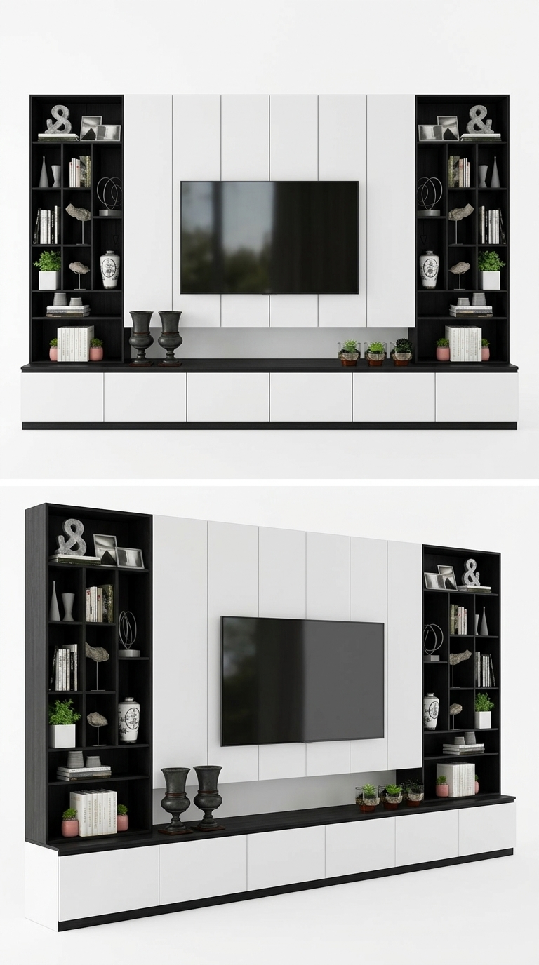 25. Download Model SketchUp hệ tủ tivi full trần tone trắng đen hiện đại cho phòng khách rộng