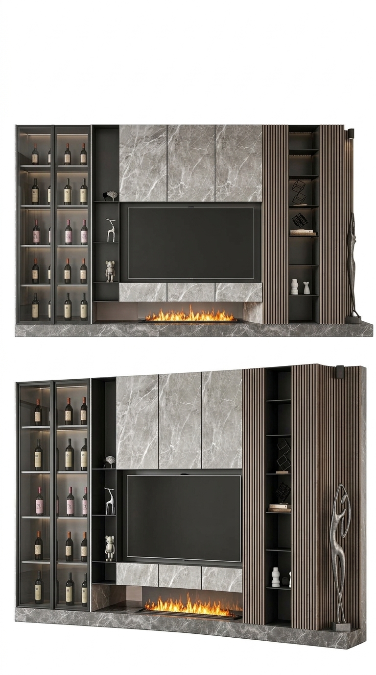 26. Model tivi wall hiện đại kết hợp tủ rượu và lò sưởi trang trí
