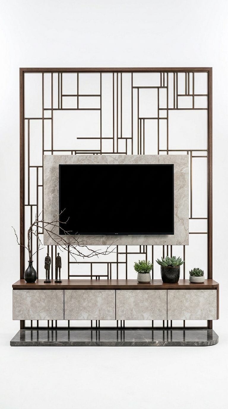 27. File sketchup vách tivi CNC kim loại hệ khung gỗ minimalist