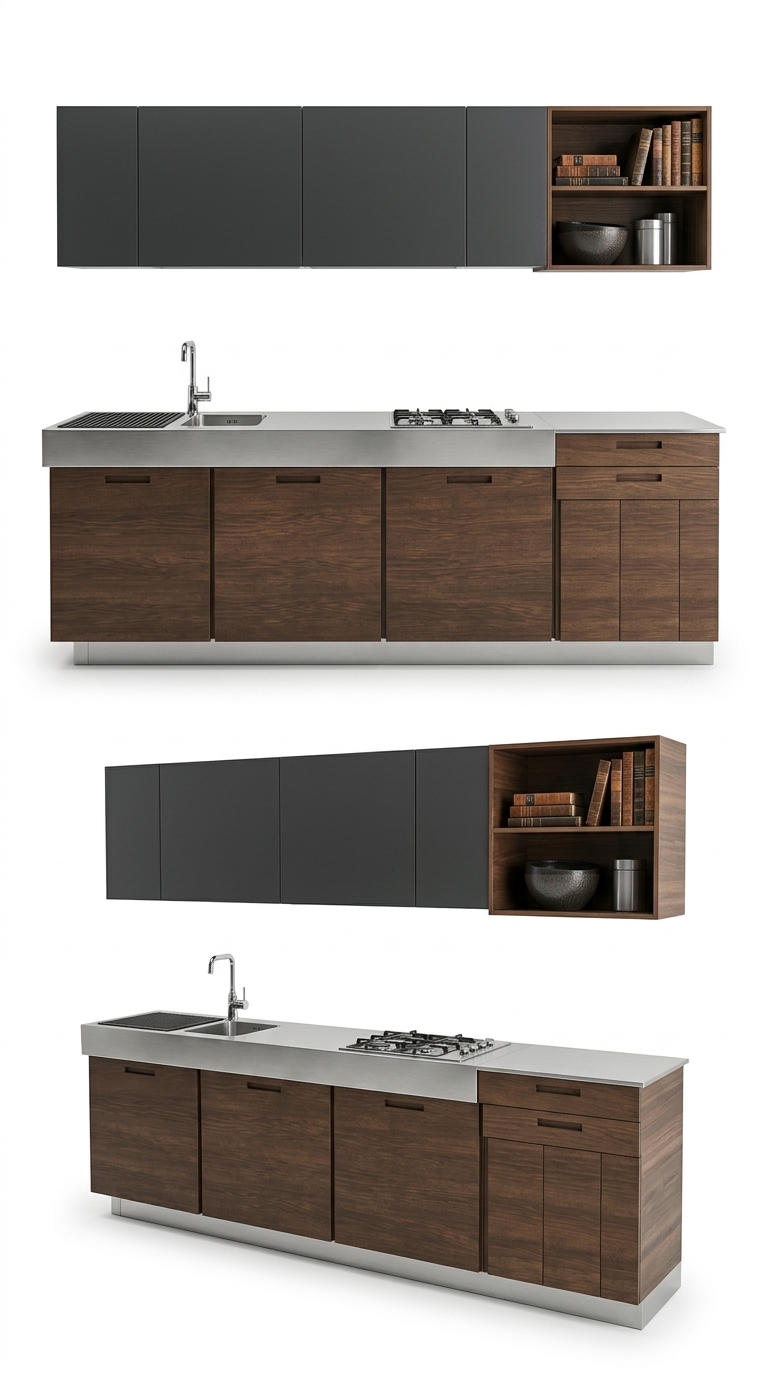 20. Tải miễn phí Model Sketchup tủ bếp thẳng tối giản với mặt bàn Inox Industrial