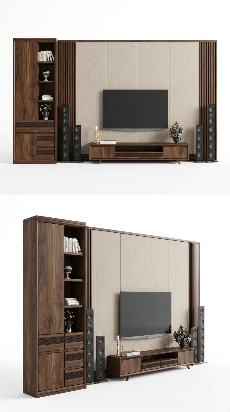 29. Model sketchup hệ tủ tivi kịch trần kết hợp vách bọc da cao cấp