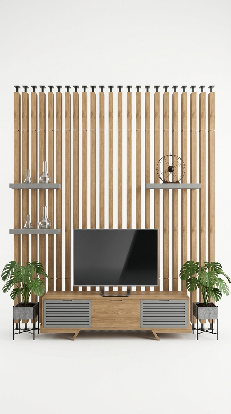 32. Model sketchup vách tivi lam gỗ thông minh cho không gian mở