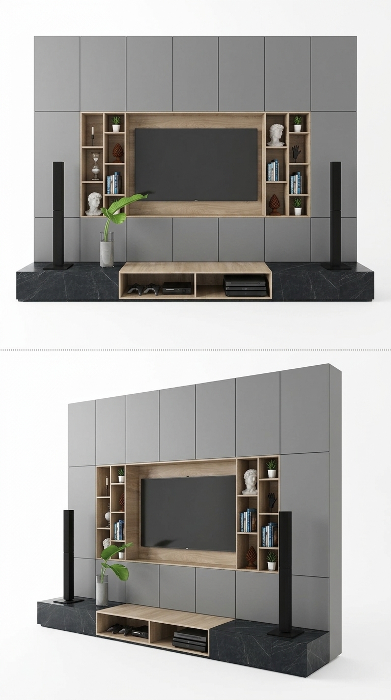 36. Model sketchup hệ tủ tv hiện đại với module tủ lưu trữ âm tường tone xám - gỗ