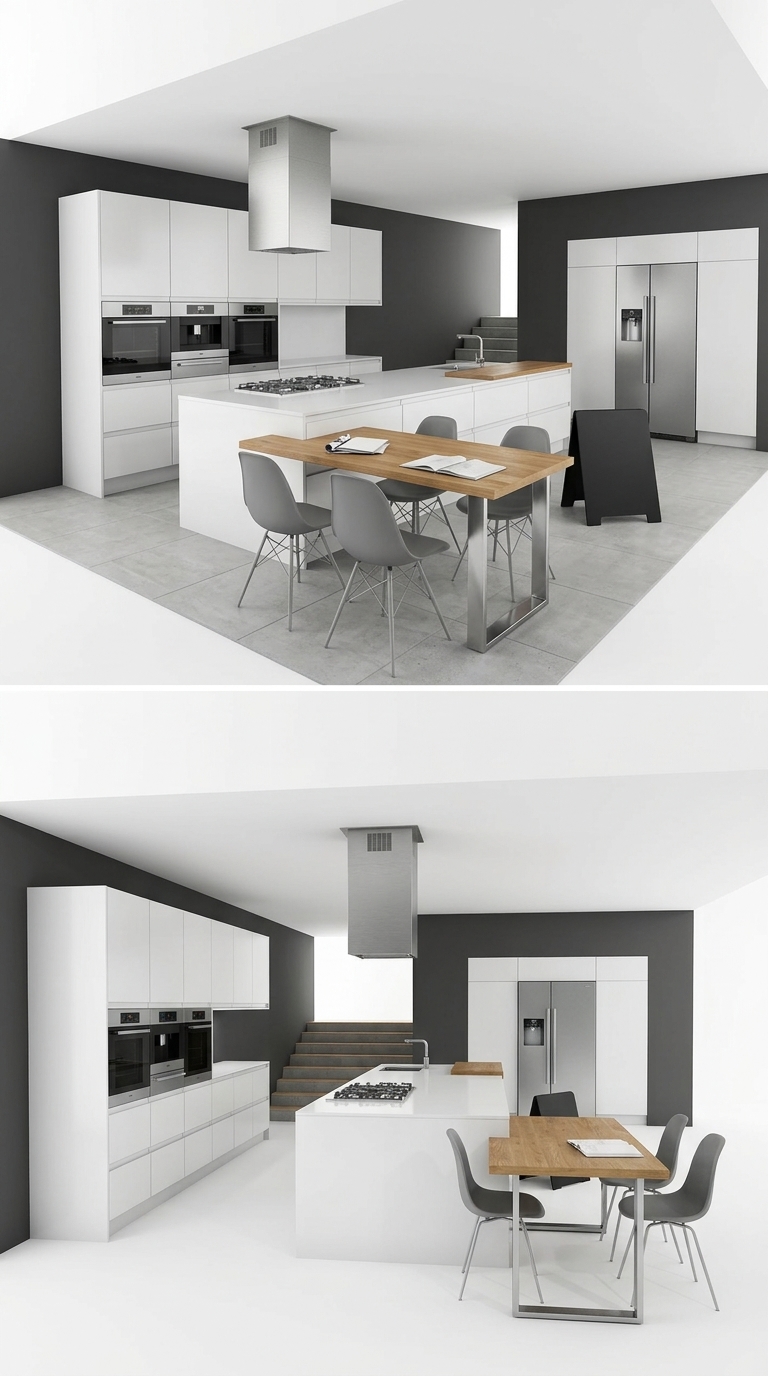 25. Model Sketchup thiết kế bếp Island kết hợp bàn ăn phong cách tối giản Bắc Âu