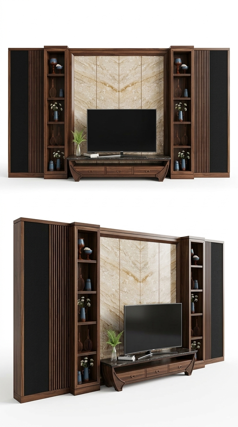 38. Tải miễn phí model sketchup hệ vách tv tân cổ điển gỗ óc chó phối đá xuyên sáng đẳng cấp