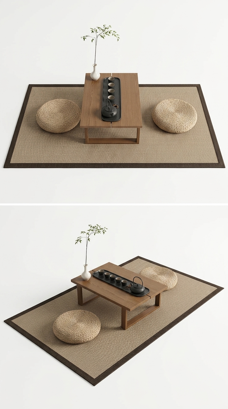 14. Tải miễn phí model SketchUp bộ bàn trà bệt tối giản và đệm ngồi cói decor