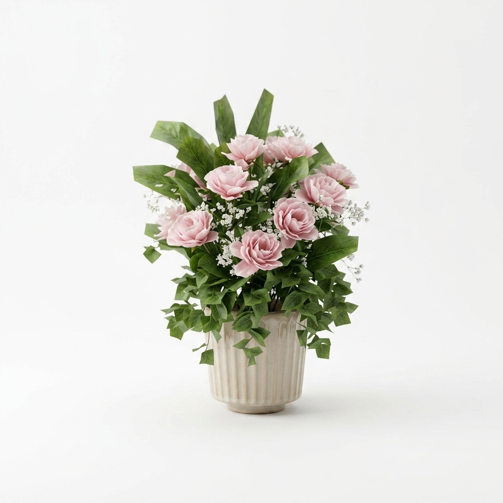 216. Chia sẻ model Sketchup chậu hoa hồng trà phối cùng hoa bi trắng đầy sống động