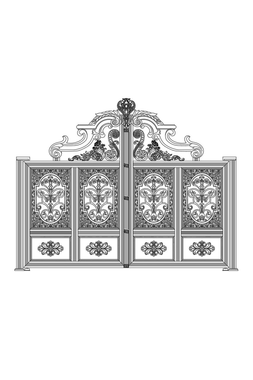 32. Bản vẽ AutoCAD cổng nhôm đúc họa tiết phù điêu oval và hoa văn uốn lượn