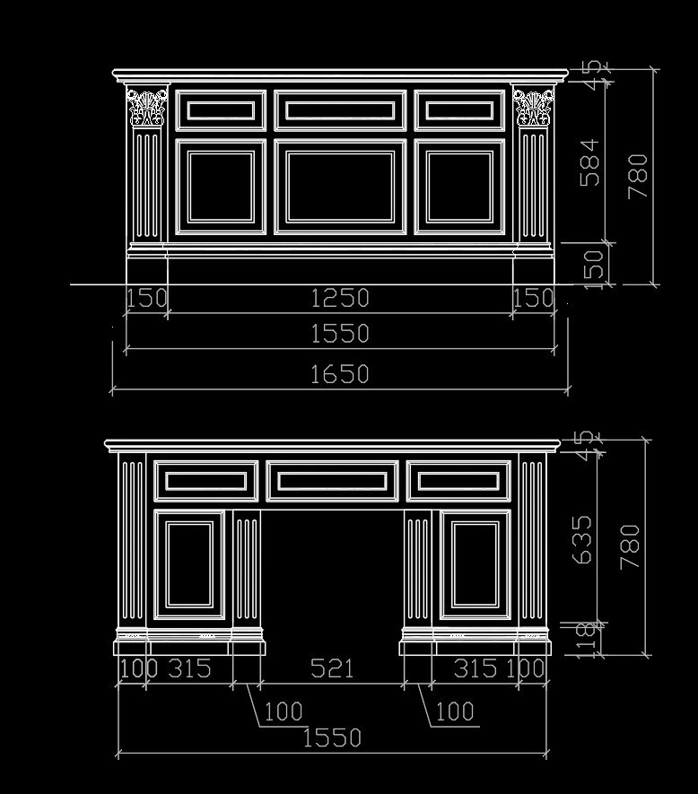 115. Bản vẽ Autocad bàn làm việc tân cổ điển gỗ tự nhiên