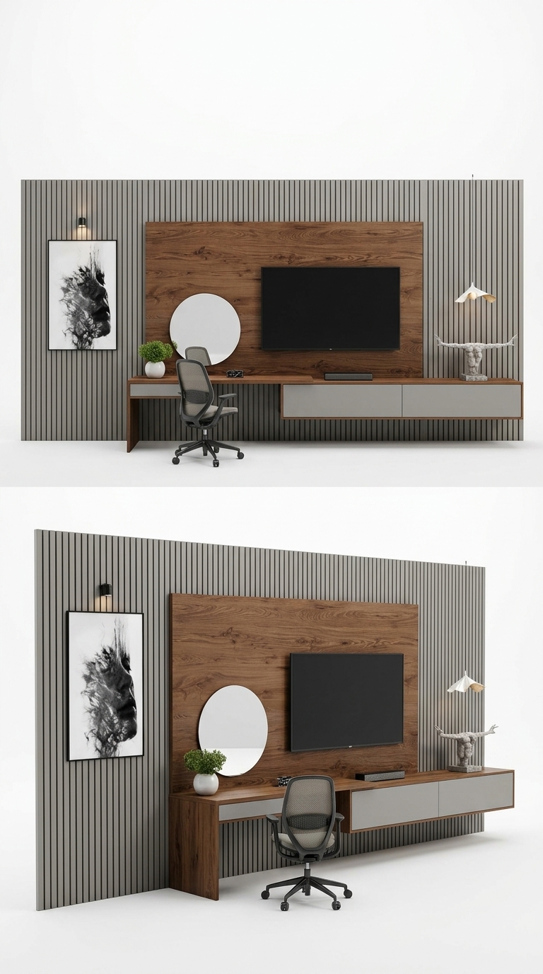 41. Download miễn phí model Sketchup hệ kệ tivi tích hợp bàn làm việc và bàn trang điểm hiện đại