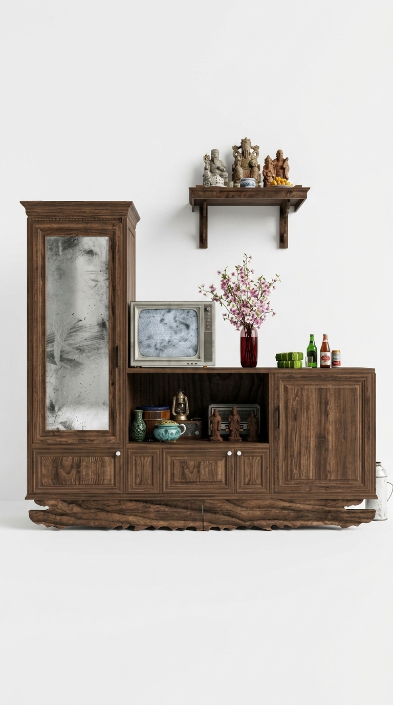 42. Tặng model Sketchup tủ tivi gỗ truyền thống kết hợp bàn thờ trang nghiêm cho không gian nội thất hoài cổ