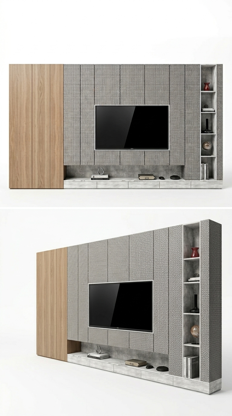 46. Thư viện SketchUp vách TV ốp vải kết hợp kệ trang trí phong cách hiện đại