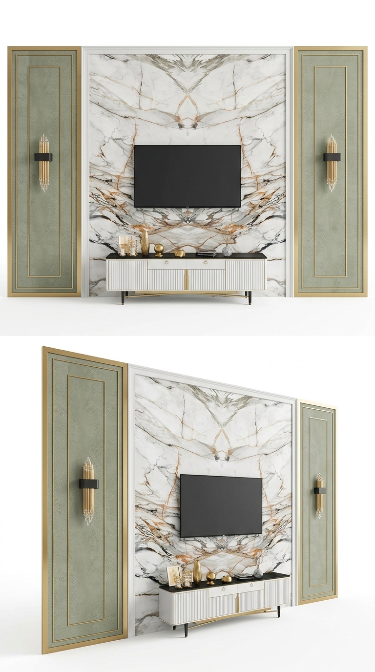 48. Model SketchUp vách TV tân cổ điển ốp đá marble và phào chỉ vàng đẳng cấp