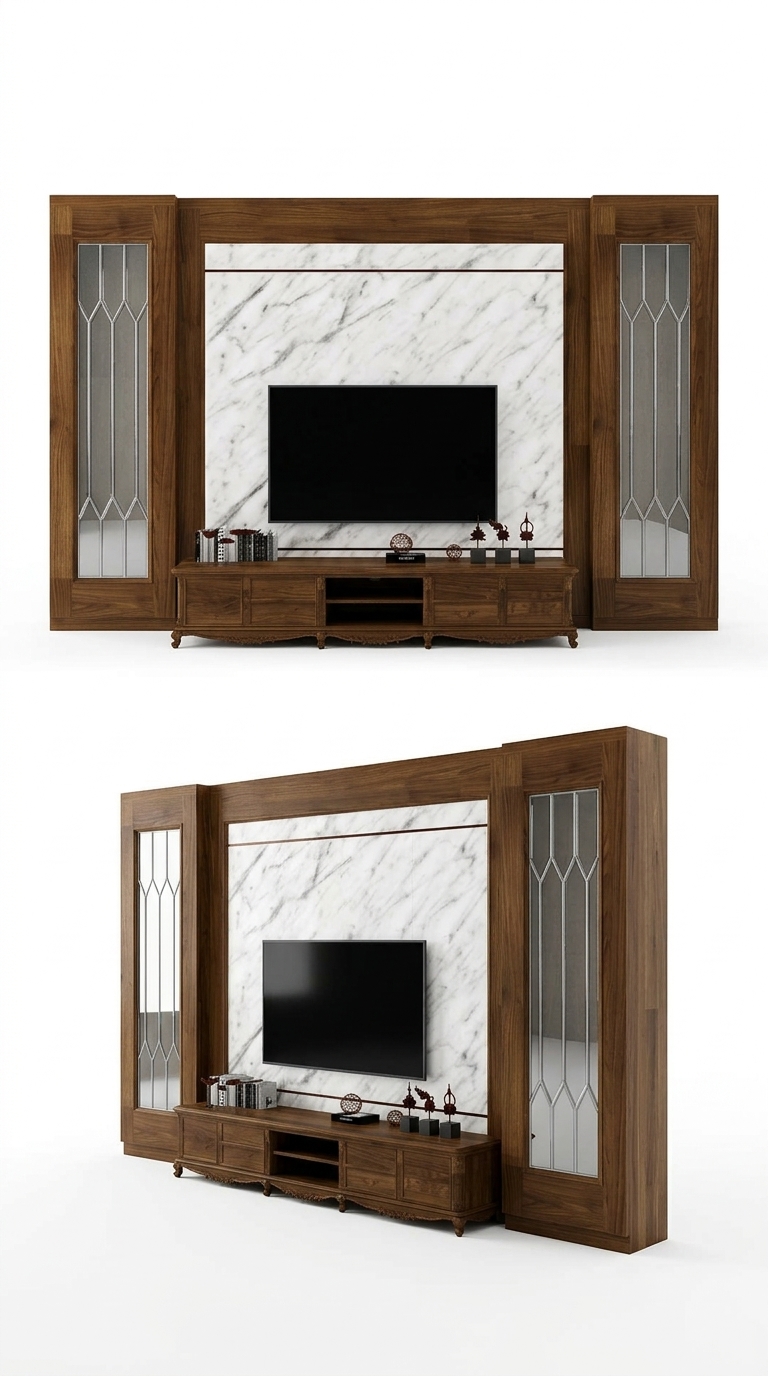 49. File SketchUp vách TV gỗ óc chó kết hợp tủ kính trang trí