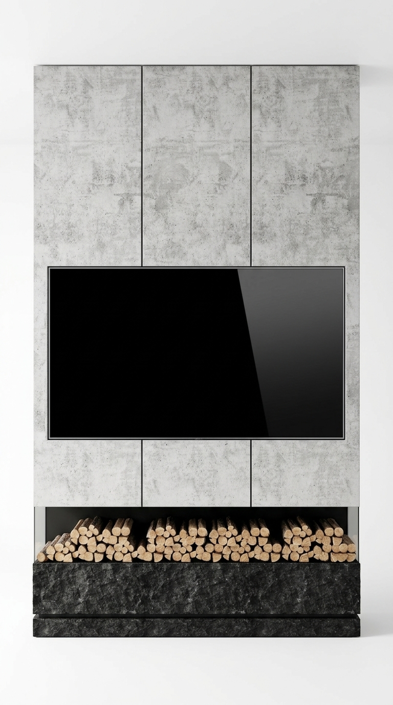 50. Model SketchUp vách TV giả bê tông tích hợp hộc củi trang trí độc đáo