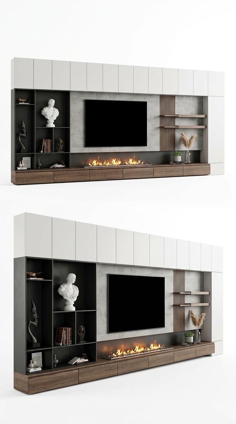 51. Tải miễn phí Model SketchUp hệ vách TV hiện đại tích hợp lò sưởi âm tường