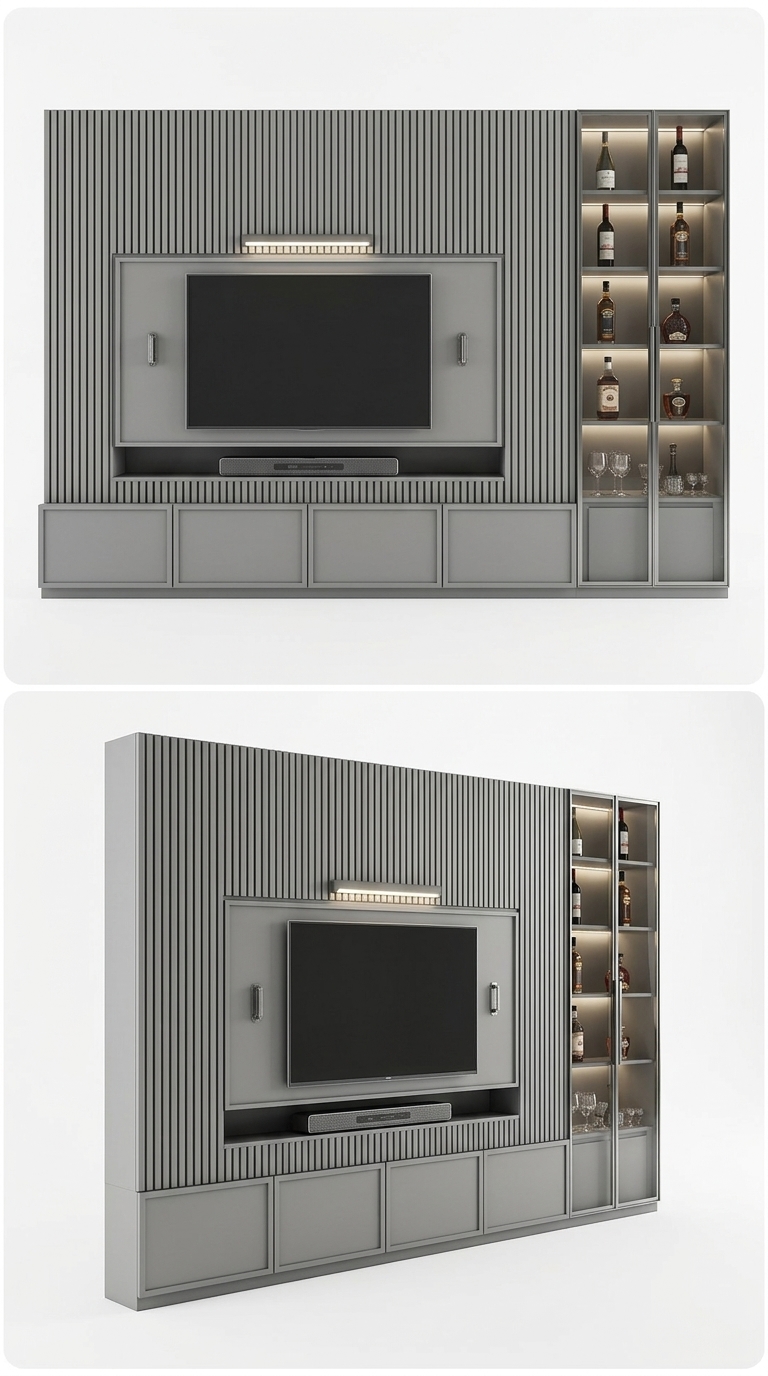 53. Model SketchUp vách TV nan gỗ xám kết hợp tủ rượu cánh kính cao cấp