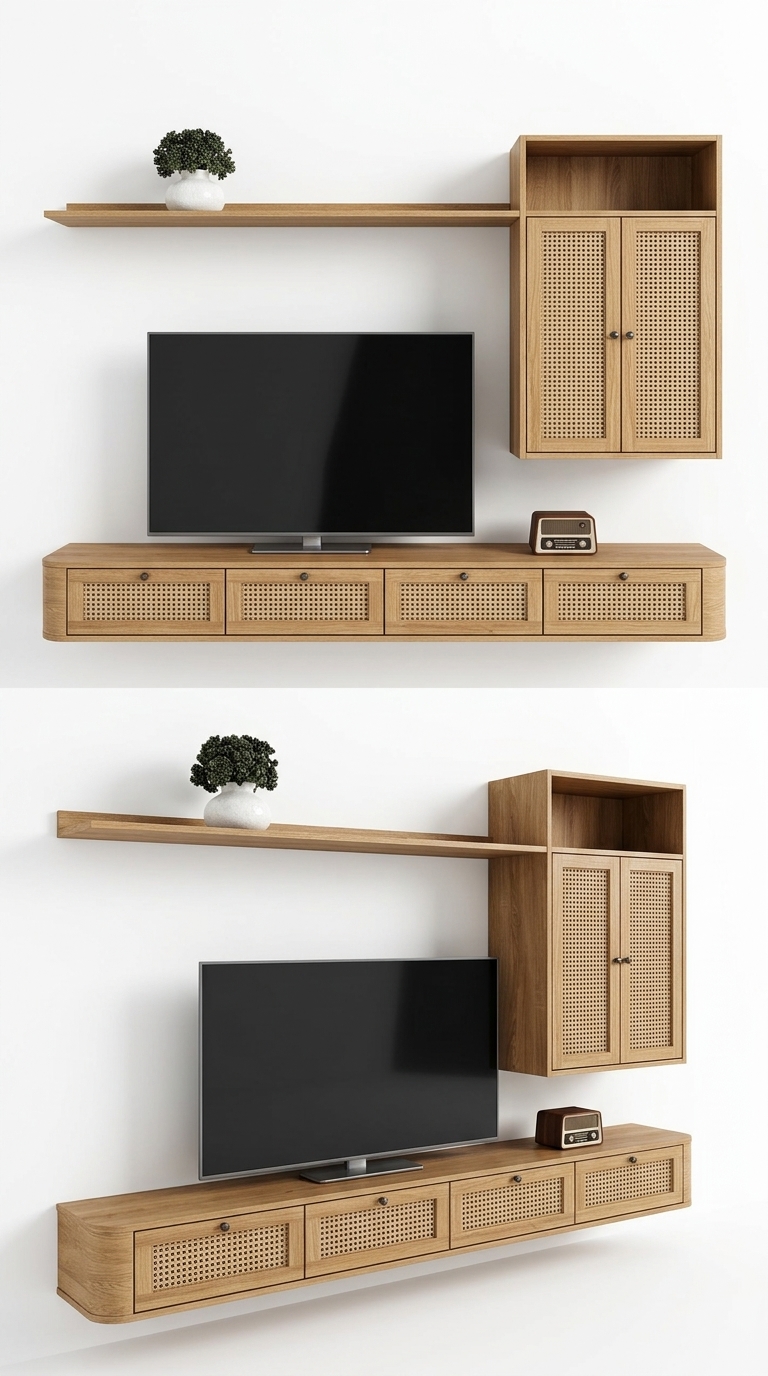 54. Model SketchUp kệ TV gỗ treo tường phong cách Indochine kết hợp mây tre đan