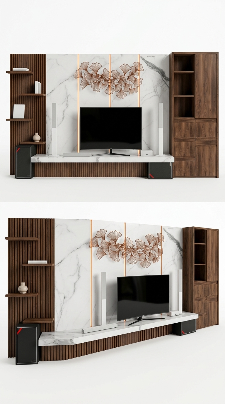 55. Model SketchUp vách TV hiện đại ốp đá marble phối nan gỗ sang trọng