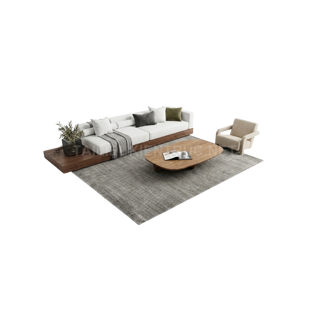 370. Thư viện Sketchup sofa đế gỗ tự nhiên và ghế armchair decor phong cách Japandi