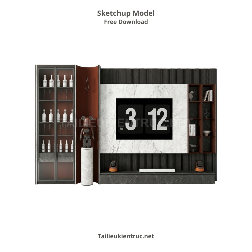 56. Model sketchup vách TV hiện đại