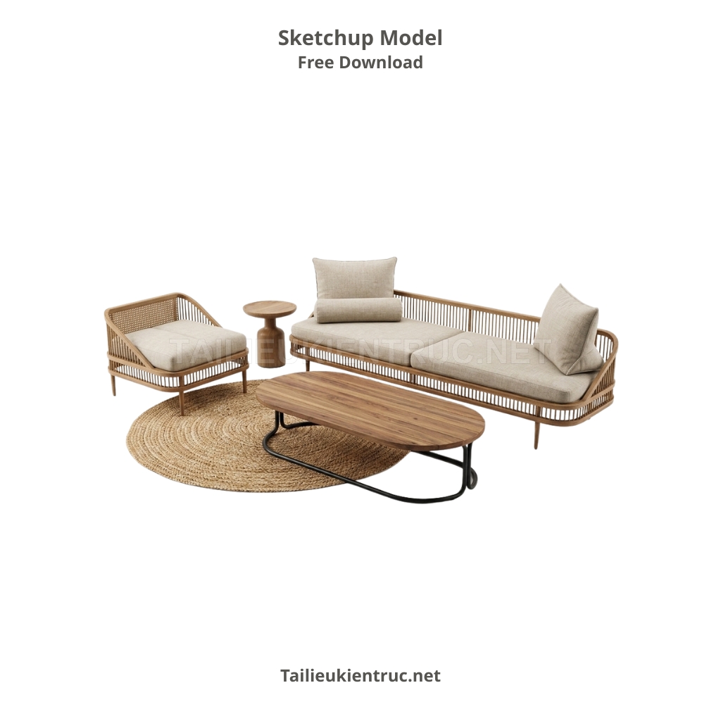 399. Model Sketchup Sofa khung gỗ mây tre đan - Giao thoa giữa nét truyền thống và hiện đại