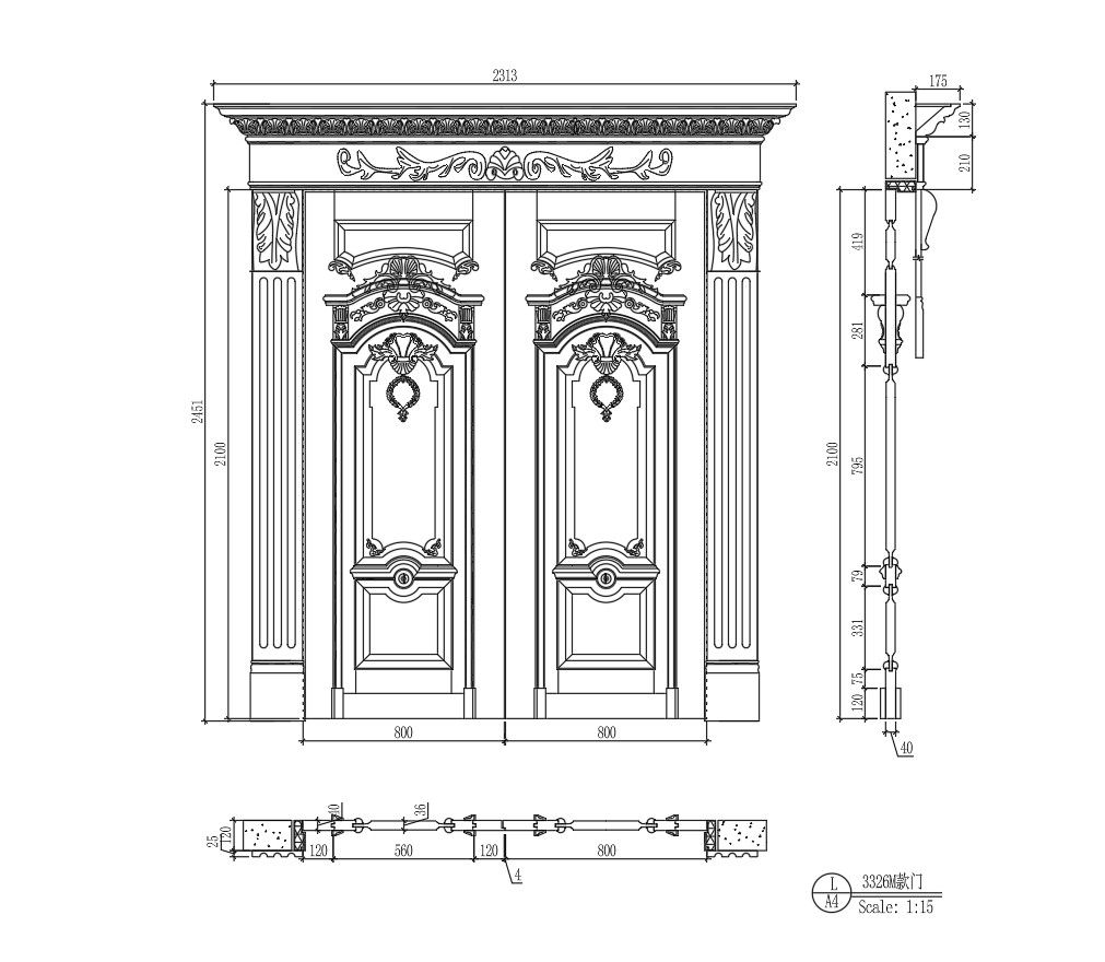 96. Thư Viện Autocad Cửa Gỗ 2 Cánh Tân Cổ Điển Chạm Khắc Hoa Văn Sang Trọng