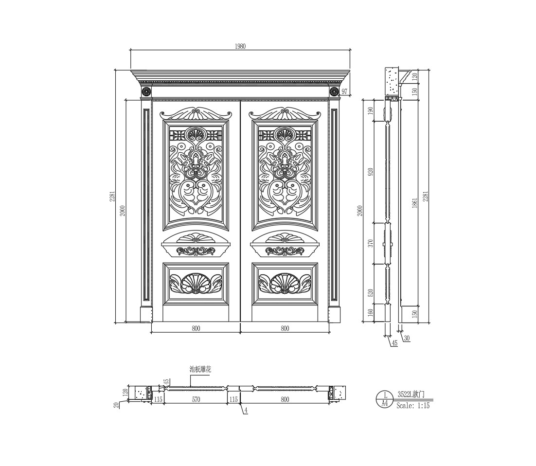 112. Bản Vẽ Autocad Cửa Gỗ 2 Cánh Tân Cổ Điển Chạm Khắc