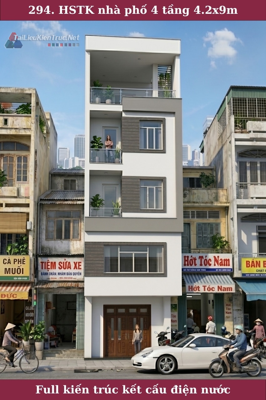 294. Hồ sơ thiết kế nhà phố 4 tầng 4.2x9m đầy đủ kiến trúc, kết cấu, dự toán, điện nước