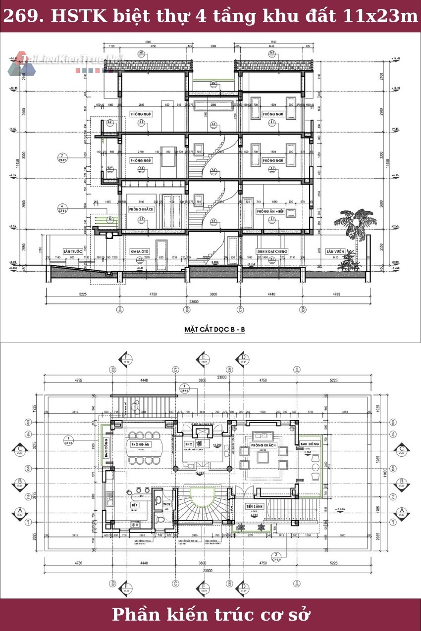 269. Hồ sơ thiết kế biệt thự 4 tầng trên khu đất 11x23m phần kiến trúc