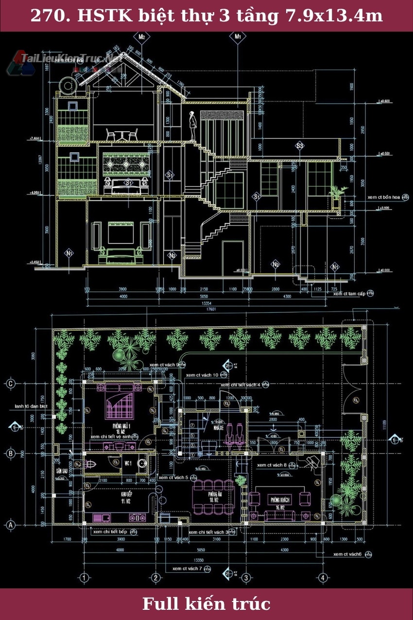 270. Hồ sơ thiết kế biệt thự 3 tầng 7.9x13.4m full kiến trúc