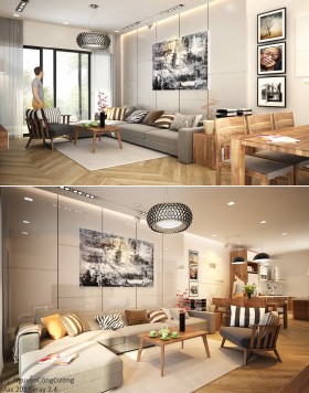 Phối cảnh nội thất 3D phòng khách, bếp chung cư hiện đại 00029
