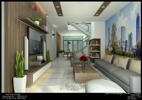 Phối cảnh nội thất 3D phòng khách + Bếp nhà phố đẹp 00045