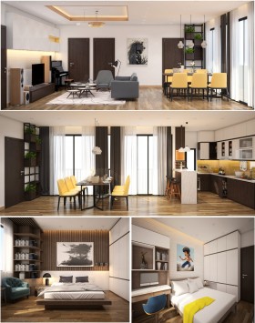 Phối cảnh nội thất 3D Phòng khách, Bếp ăn và ngủ chung cư hiện đại đẹp 00073